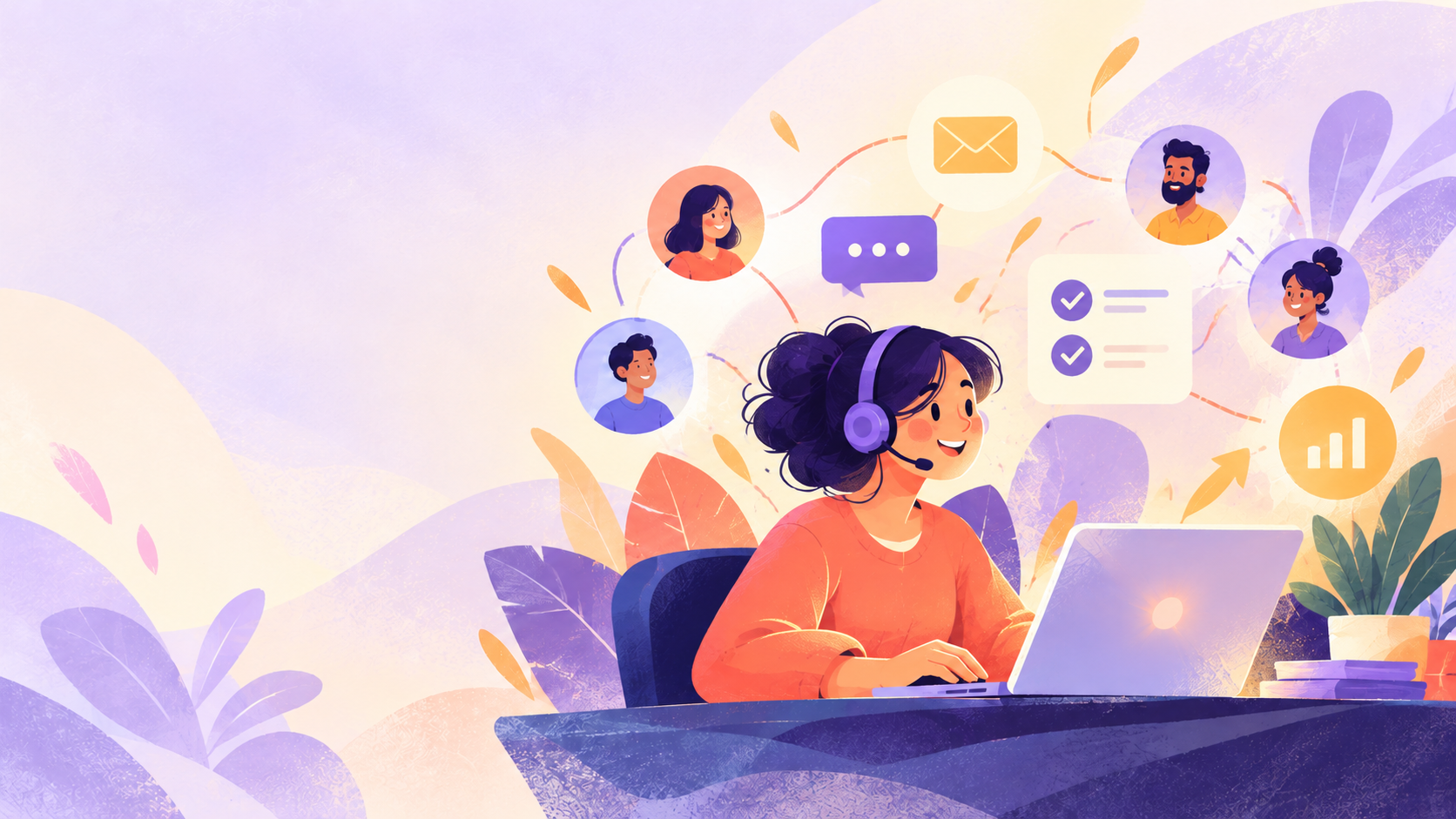 Illustrated customer support agent helping a customer through connected messaging and follow-up