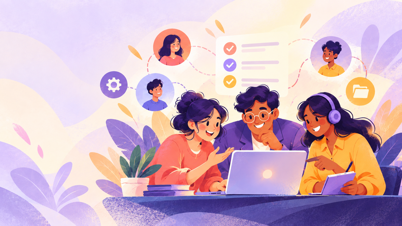 Illustrated client and remote service team reviewing a workflow together