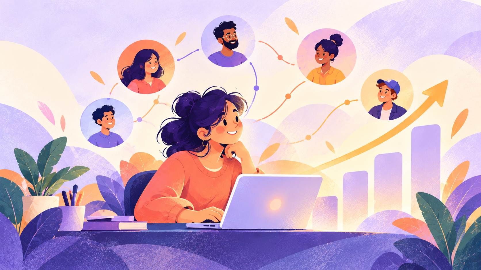 Illustrated business owner growing with a connected flexible support team