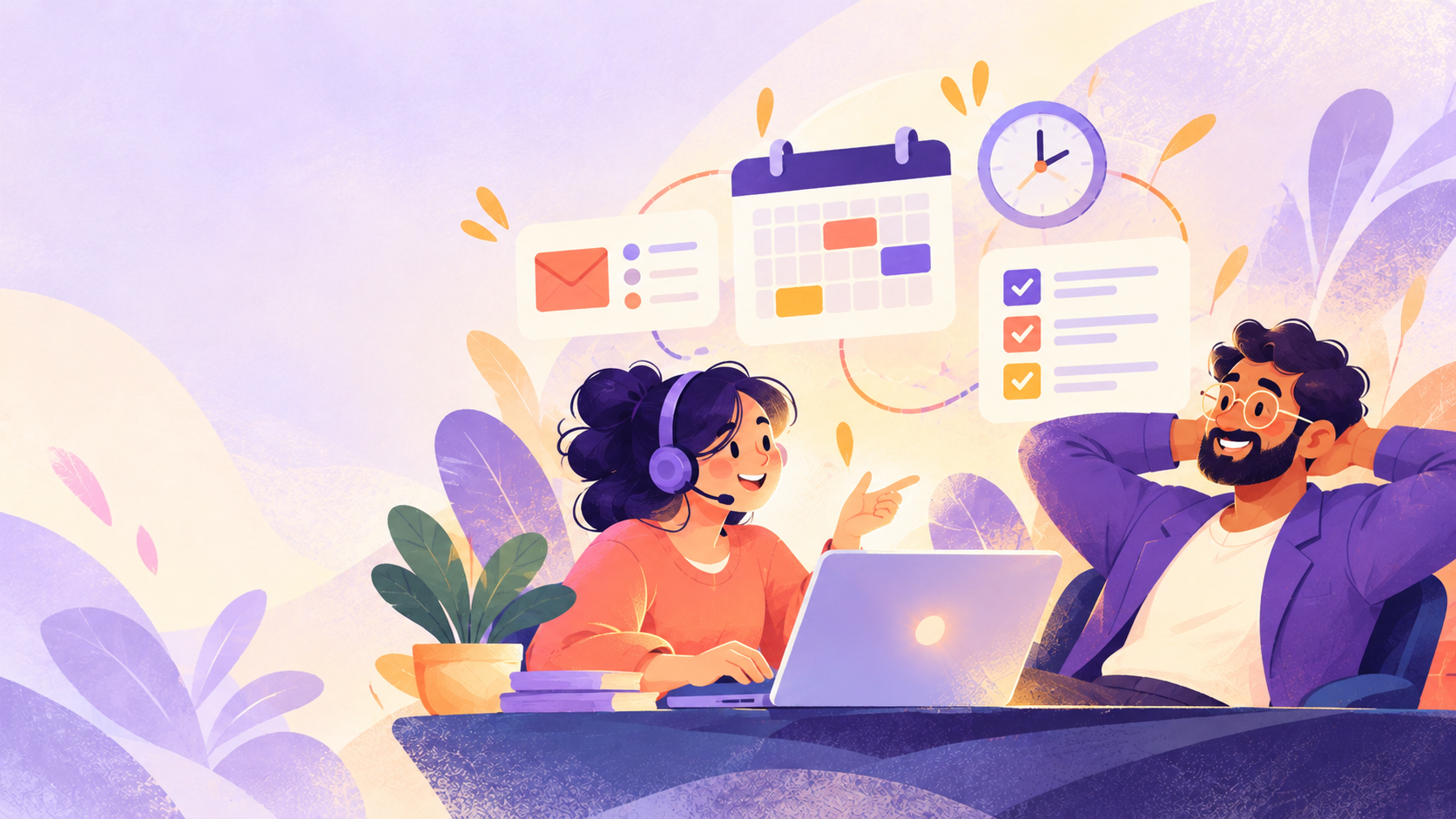 Illustrated virtual assistant organizing a calendar, messages and tasks